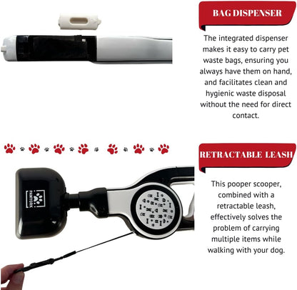 17" Pooper Scooper with Retractable Leash - 4 in 1 Dog Pet Waste Picker with Leash for Outdoor Use and 2x20 Waste Bag Rolls - Poop Scooper for Dogs