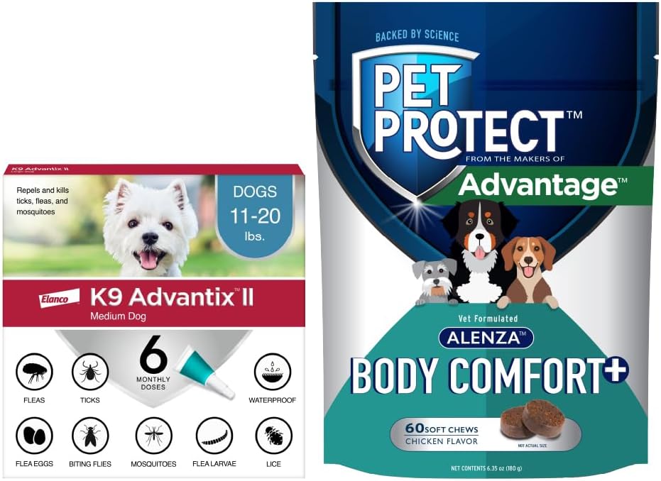Bundle of K9 Advantix II Medium Dogs 11-20 lbs. | 6-Mo Supply + Pet Protect Body Comfort+ Supplement for Dogs 60 Chews