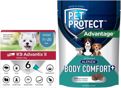 Bundle of K9 Advantix II Medium Dogs 11-20 lbs. | 6-Mo Supply + Pet Protect Body Comfort+ Supplement for Dogs 60 Chews