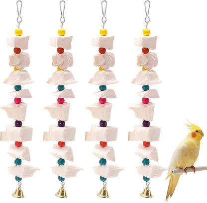 4PCS Cuttlebone for Birds, Bird Toys for Cockatiels and Parakeets, Natural Cuddle Bones for Birds, Parrot Toy with 9 Beads, Durable Bird Accessories,Parakeet Toys,Cockatiel Toys