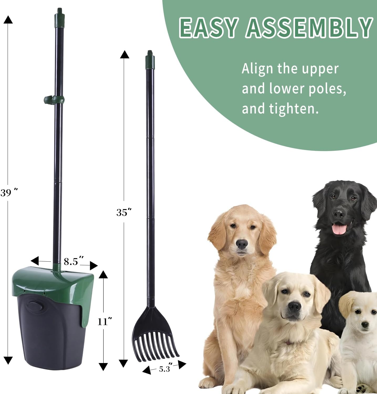 Pooper Scooper Large Swivel Bin & Rake with 160 Waste Bags,Heavy Duty Dog Pooper Scooper with Bag Attachment for Dogs, Long Handle Poop Scooper with Lid for Yard, Grass, Gravel(Dark Green)
