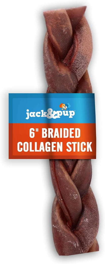 Jack&Pup 6" Braided Beef Collagen Sticks for Dogs - Rawhide Free Dog Chews Long Lasting Collagen Chews for Dogs - Bully Sticks Alternative (1 Pack)