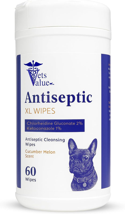 Vets Value Pet Cleansing Wipes for Dogs & Cats – Gentle Grooming Wipes with Light Cucumber Melon Scent, Extra-Large Size for Daily Freshening and Easy Cleaning, 60 Count (XL)
