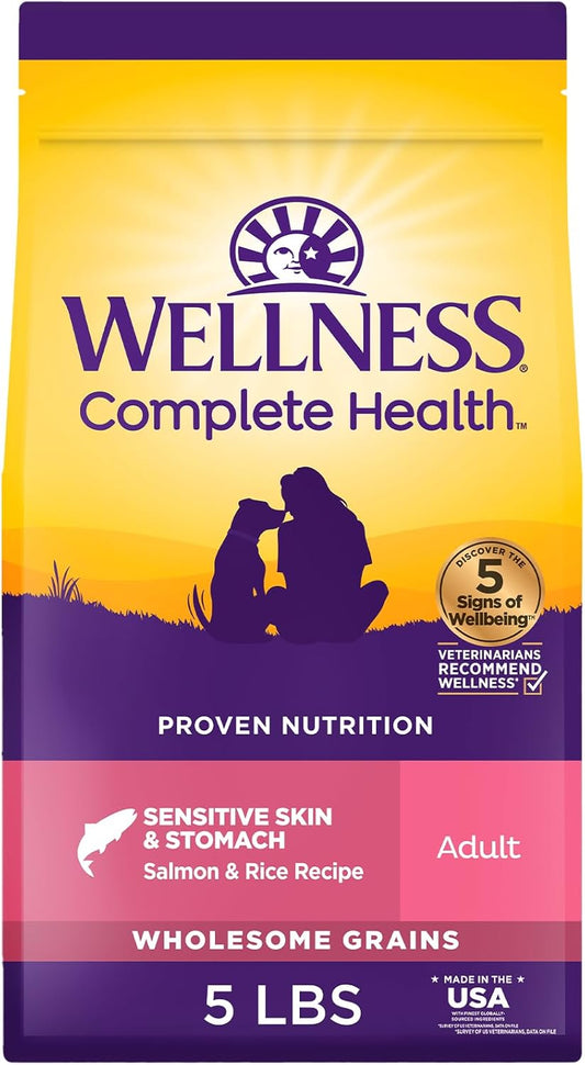 Wellness Complete Health Sensitive Skin & Stomach Dry Dog Food, Wholesome Grains, Natural, Salmon & Rice Recipe, (5-Pound Bag)