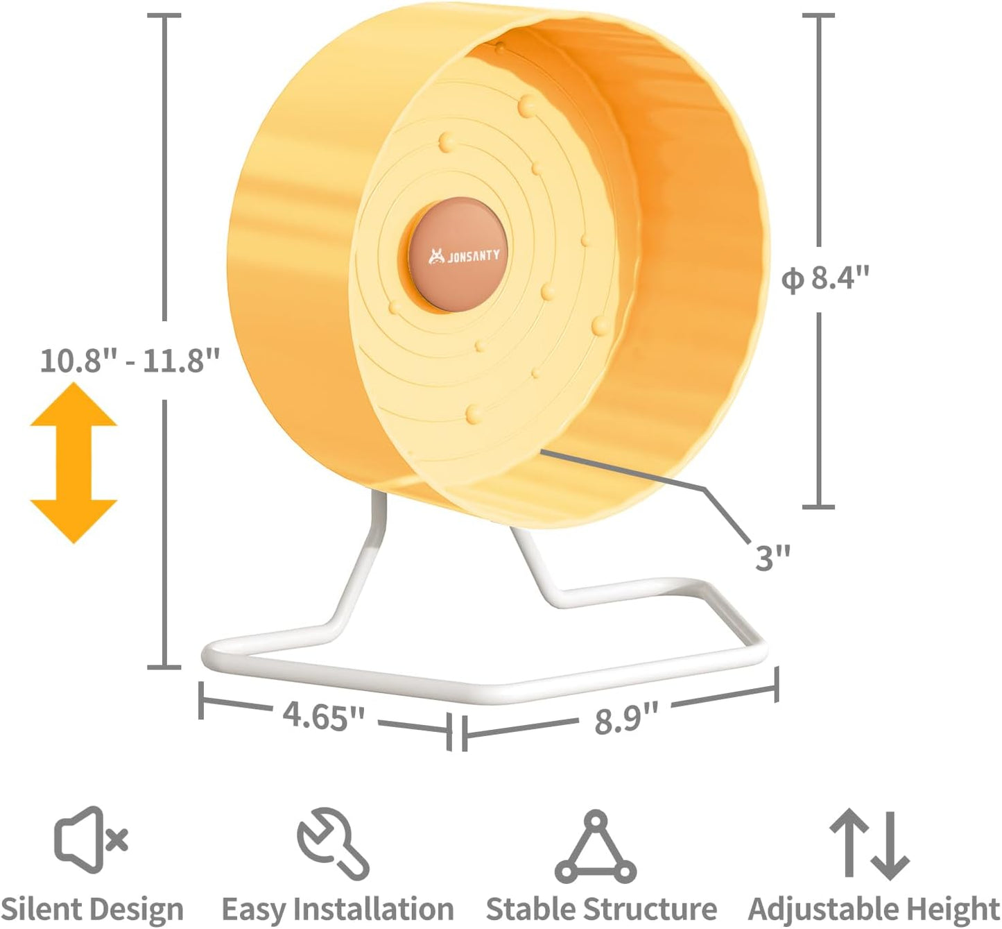 8.4" Silent Hamster Wheel, Non-Slip Track, Exercise, Release Stress, Relieve Anxiety, Adjustable Height Stand, for Syrian Dwarf Hamster, Gerbil, Mice, Other Small Medium Sized Pets, Yellow
