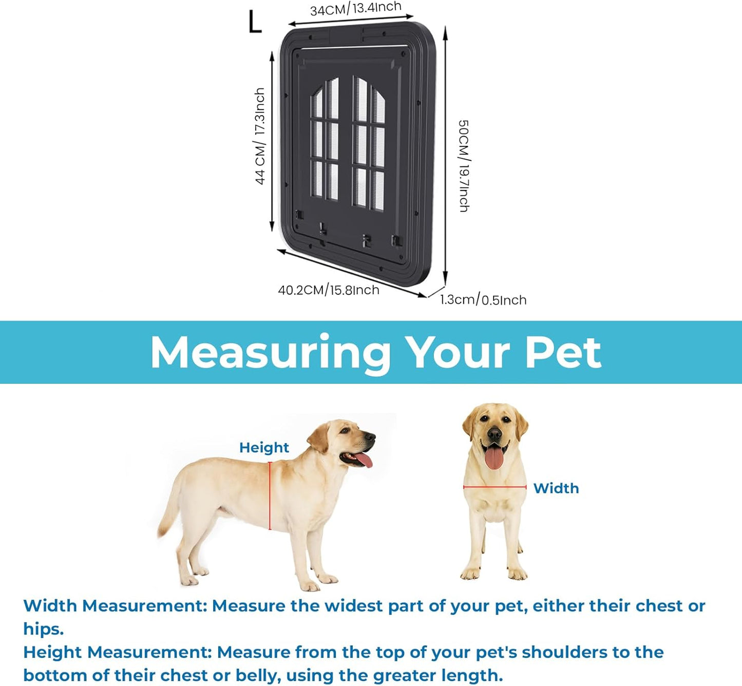 Large Pet Screen Door, 13 x 17 inches, Magnetic Self-Closing Dog Cat Door with 4-Way Entry, Black (Large)