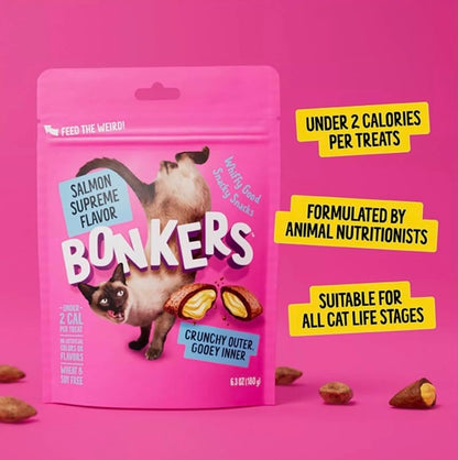 Bonkers Cat Bites, Crunchy & Soft Salmon Supreme Flavor Treats, Low Calorie, Training or Food Topper 3 oz -2 Pack Plus 4 Cat Spring Toys