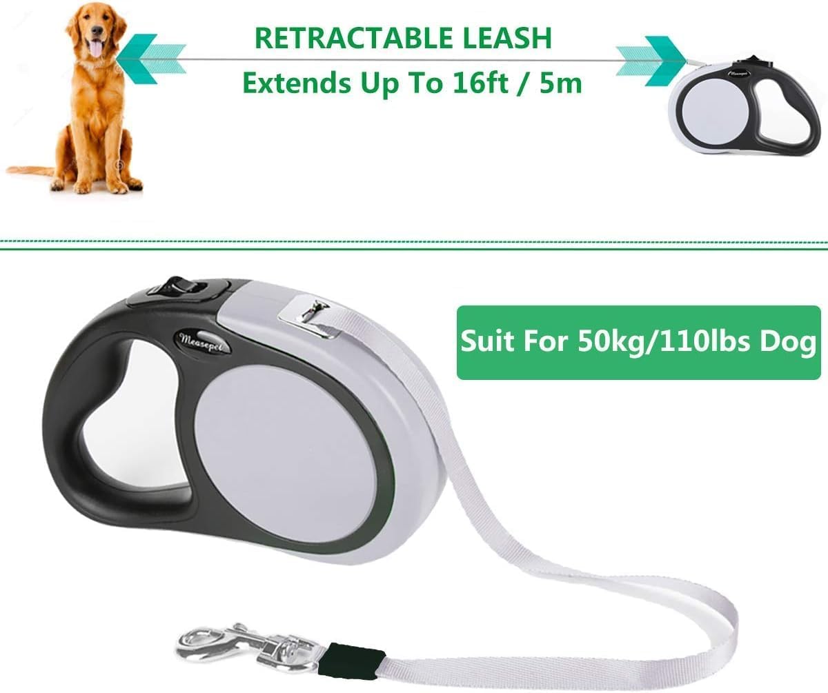 Dual Retractable Dog Leash for 2 Large Dogs (Up to 110 Lbs Each) - Double Headed 16 ft Extendable Pet Leash with Poop Bags, Non Slip Grip - One Button Break & Lock, 360 Tangle-Free (Gray, Large)