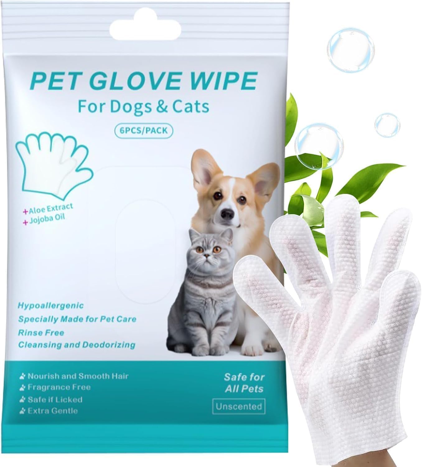 Pet Cleaning Glove Wipes for Dogs & Cats, Cleaning and Deodorizing Disposable Bathing Wipes for Fur, Paws and Butt,Rinse Free for Grooming and Travel, Hypoallergenic Unscented, 6 PCS