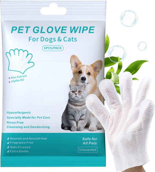 Pet Cleaning Glove Wipes for Dogs & Cats, Cleaning and Deodorizing Disposable Bathing Wipes for Fur, Paws and Butt,Rinse Free for Grooming and Travel, Hypoallergenic Unscented, 6 PCS