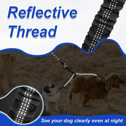 Double Dog Leash, Dual Dog Leash, 360° Swivel Tangle Free Bungee Walking Training for Large Medium Dogs, Shock Absorbing Bungee Reflective for Two Dogs, 18~120 lbs, Black