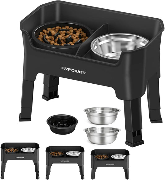 URPOWER Mess Proof Slow Feeder Dog Bowls 4 Height Adjustable Elevated Bowl Stand with 2 Stainless Steel Dog Bowls and 1 Slow Feeder Non-Slip Food and Water Bowl Set for Small and Medium Dogs