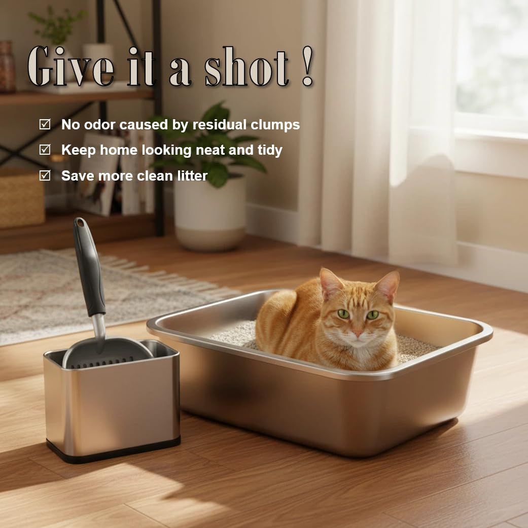 Heavy Duty Cat Litter Scoop with Holder - All Metal Cat Litter Scooper with Stainless Steel Holder - Speed Sifter Litter Box Scooper Captures All Clumps
