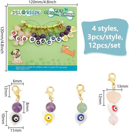 DELORIGINl 12pcs Evil Eye Pet Collar Charms Pendants Heart Shaped Round Evil Eye Gemstone Collar Charms Cat Dog Collar Pendant Decorative Keychain Versatile for Pet Collar Bracelet