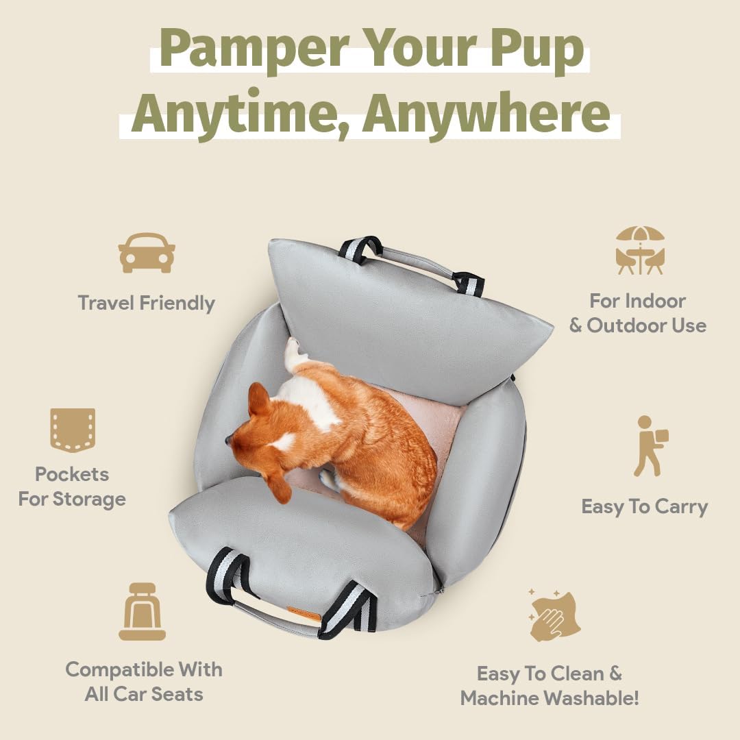 Dog Car Seat (Waterproof Booster) | Essential Travel Bed with Handles, Matching Pockets (Up to 30 Lbs) - Light Gray