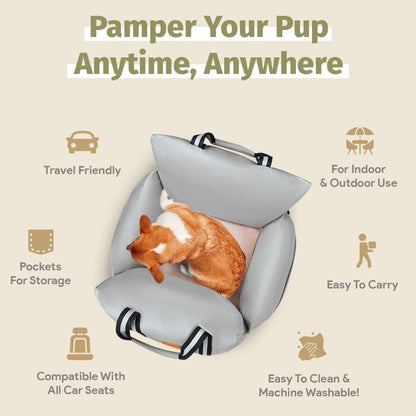 Dog Car Seat (Waterproof Booster) | Essential Travel Bed with Handles, Matching Pockets (Up to 30 Lbs) - Light Gray