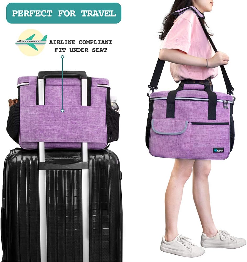 PetAmi Dog Travel Bag, Travel Pet Bag Organizer, Dog Food Travel Bag with Container Collapsible Bowls, Pet Travel Supplies Gift Accessories for Weekend Camping, Puppy Cat Diaper Bag, Purple Medium