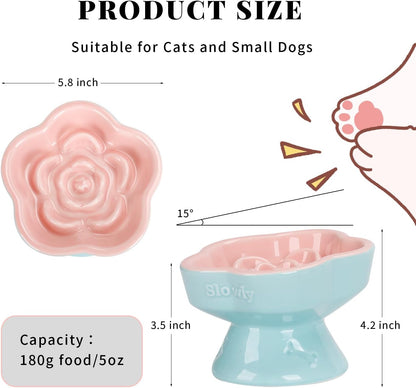 S&Q's CERAMICS Raised Slow Feeder Cat Bowl, Ceramic Elevated and Titled Glass Food Bowl Small Dogs Slow Feeder, Flower Shaped Cute Cat Dish for Dry and Wet Food (Pink, 5.8")