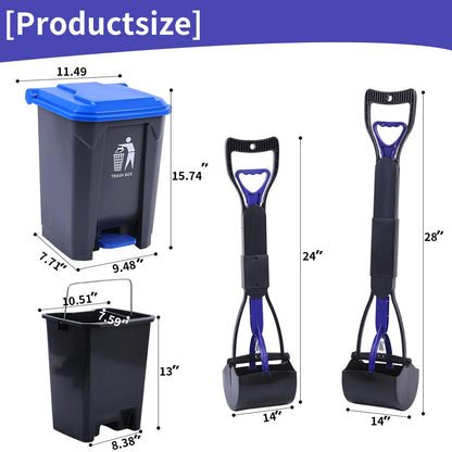 Pooper Scooper 2 Pack with 20 Litre Step Dog Poop Trash Can, 28" Long Handle Dog Poop Scoopers for Large Small Dogs Heavy Duty, Removable Inner Bucket for Outdoors, 50 Waste Bags Included (Blue)
