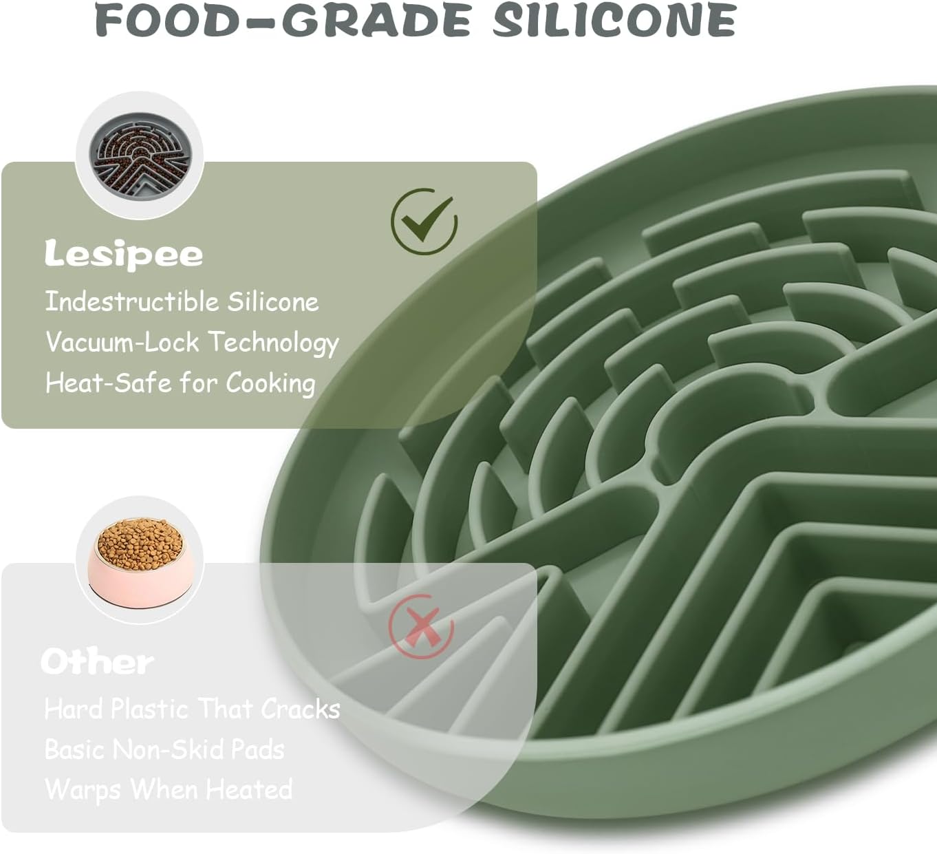 Lesipee Slow Feeder Dog Bowl for Large & Small Pets, Anti Choking Puzzle Dog Food Bowl with Non-Slip Base, Interactive Pet Slow Eating, Silicone Cat Feeder for Puppies & Cats(Grey Green)