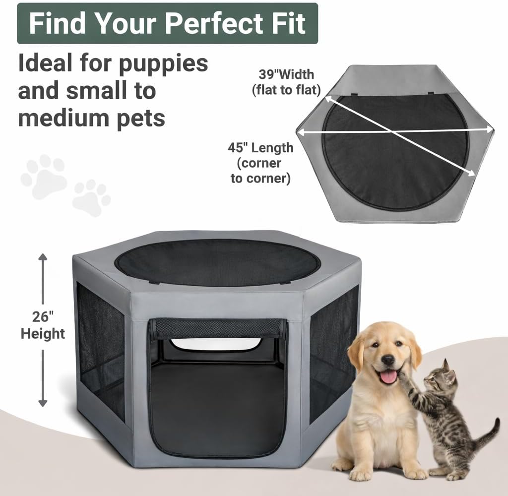 Pet Playpen with Top - Perfect for Puppies & Small Dogs - Indoor and Outdoor Puppy & Dog Play Pen - Features 2 Doors for Easy in and Out Access
