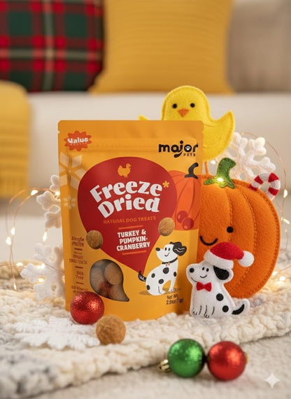 MAJOR PETS Freeze Dried Turkey & Pumpkin, Cranberry Dog Treats, Single High Protein, 100% Natural, Help with Digestion, Grain Free, Training Bites & Meal Topper for Dogs, Made in The USA, 5oz