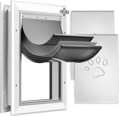 [Petoas] 3-Flaps Heavy-Duty Dog Door, Rust Proof Aluminum Alloy Frame, Extreme Weather Dog Door Can Block Wind, Snow, and Rainwater Intrusion (Silvery White, Large for Door)