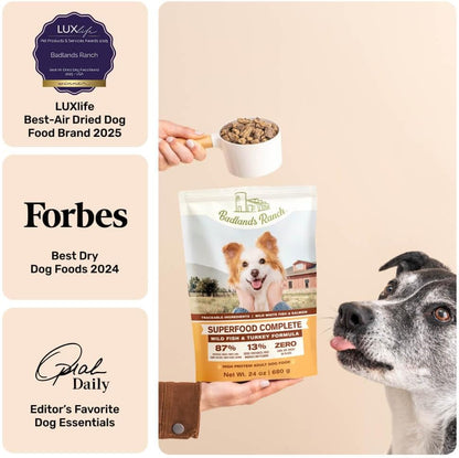 BADLANDS RANCH by Katherine Heigl- Superfood Complete, Air-Dried Adult Dog Food - High Protein, Zero Fillers, Superfood Nutrition (64 Ounce (Pack of 2), Fish & Turkey)