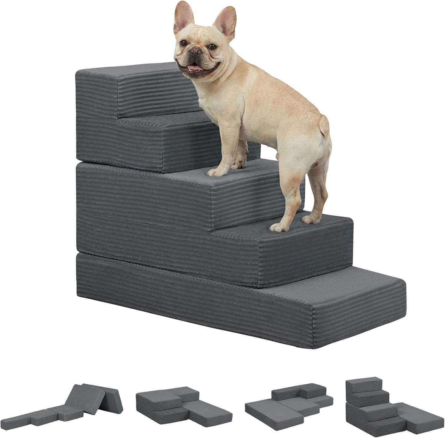 Dog Stairs for Small Dogs 22.4 H'', 5 Step Pet Stairs for High Beds Climb, Non-Slip Dog Steps for Bed Balanced, Foldable Soft Foam Support with Removable Washable Cover, Grey