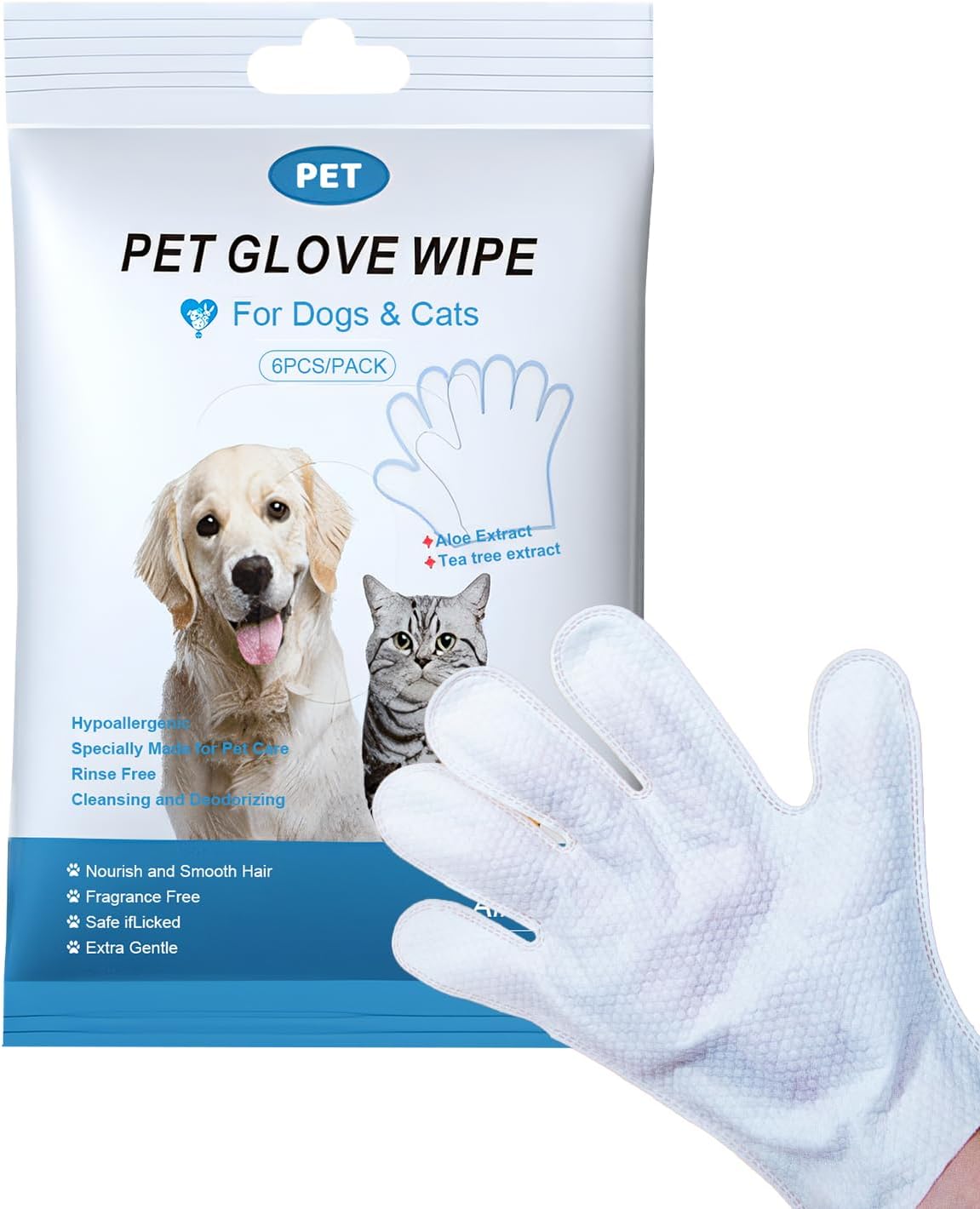 Pet Cleaning and Deodorizing Bathing Disposable Grooming Glove Wipes for Dogs and Cats, Extra Thick Nourish Fur No-Rinse Grooming Wipes for Daily Care and Travel, Hypoallergenic, Unscented, 6PCS/Pack