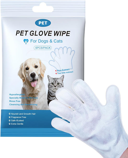 Pet Cleaning and Deodorizing Bathing Disposable Grooming Glove Wipes for Dogs and Cats, Extra Thick Nourish Fur No-Rinse Grooming Wipes for Daily Care and Travel, Hypoallergenic, Unscented, 6PCS/Pack