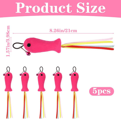 5 PCS Fish and Mice Catnip Toys Plush Filled, Cat Toys Pink Fish Catnip Toy for Cats Flopping Cats Fishs Toy Filled Soft Plush, Premium CatWandToy Accessories with Ribbons for Indoor CatKitten Play