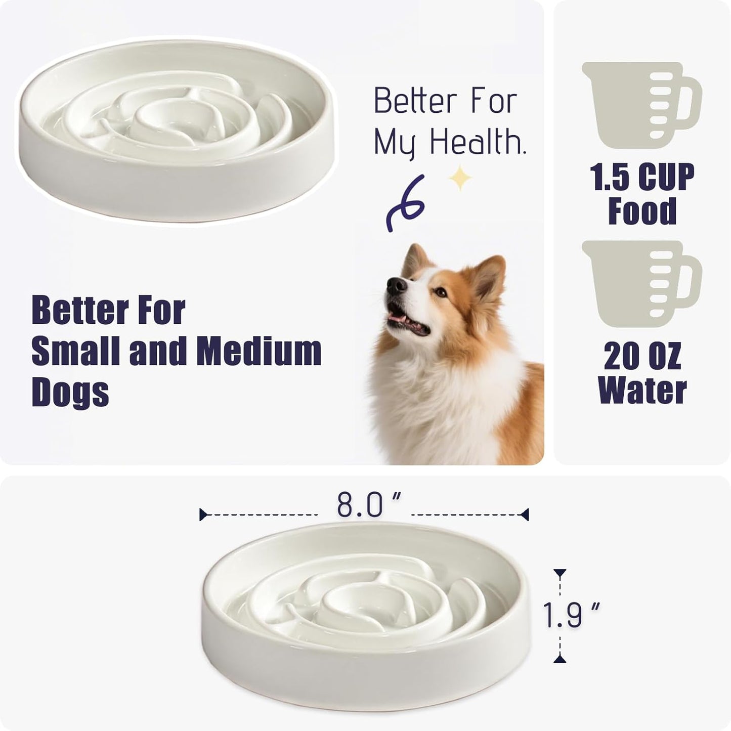 Ceramic Slow Feeder Dog Bowl,1.5 Cups Pet Slow Feeder for Small and Medium Breed,Puzzle Dog Food Dish,Anti-Gulping,Stop Bloat,Preventing Choking(White)