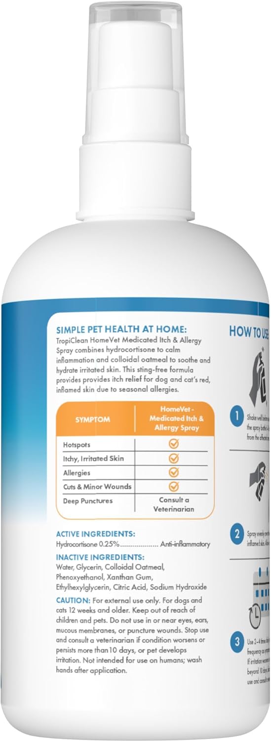 TropiClean HomeVet Allergy & Itch Spray, Dog Allergy Relief & Hot Spot Treatment for Dogs & Cats, Vet Recommended Itching Skin Relief, USA Made, 8 oz