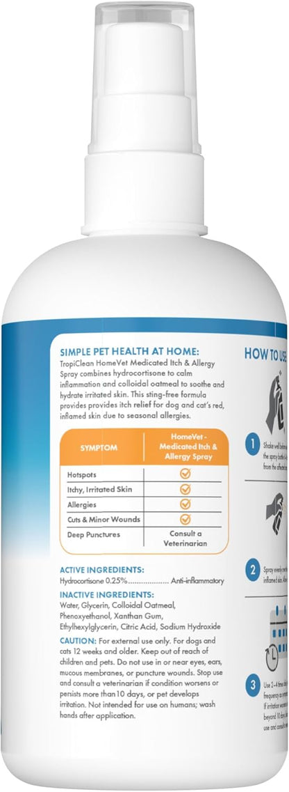 TropiClean HomeVet Allergy & Itch Spray, Dog Allergy Relief & Hot Spot Treatment for Dogs & Cats, Vet Recommended Itching Skin Relief, USA Made, 8 oz