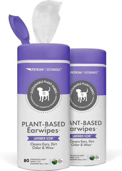 Petkin Plant-Based EarWipes, 80 Wipes, 2 Pack - Biobased & Sustainable Pet Ear Wipes for Dogs & Cats - Cleans Ear Area, Dirt, Odor & Wax - Consciously Cleans & Conditions - Easy to Use - Lavender