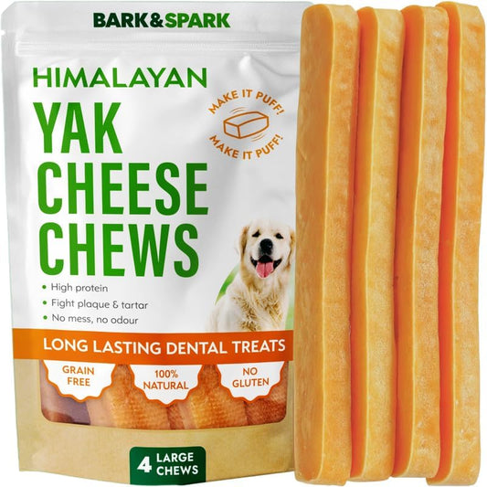 BARK&SPARK Yak Cheese Himalayan Dog Chews - 100% Natural & Long Lasting Dog Treats, Yak Milk Chews for Small, Medium & Large Dogs, Lactose & Gluten Free Dental Sticks, Healthy & Safe - Large (4 Chews)