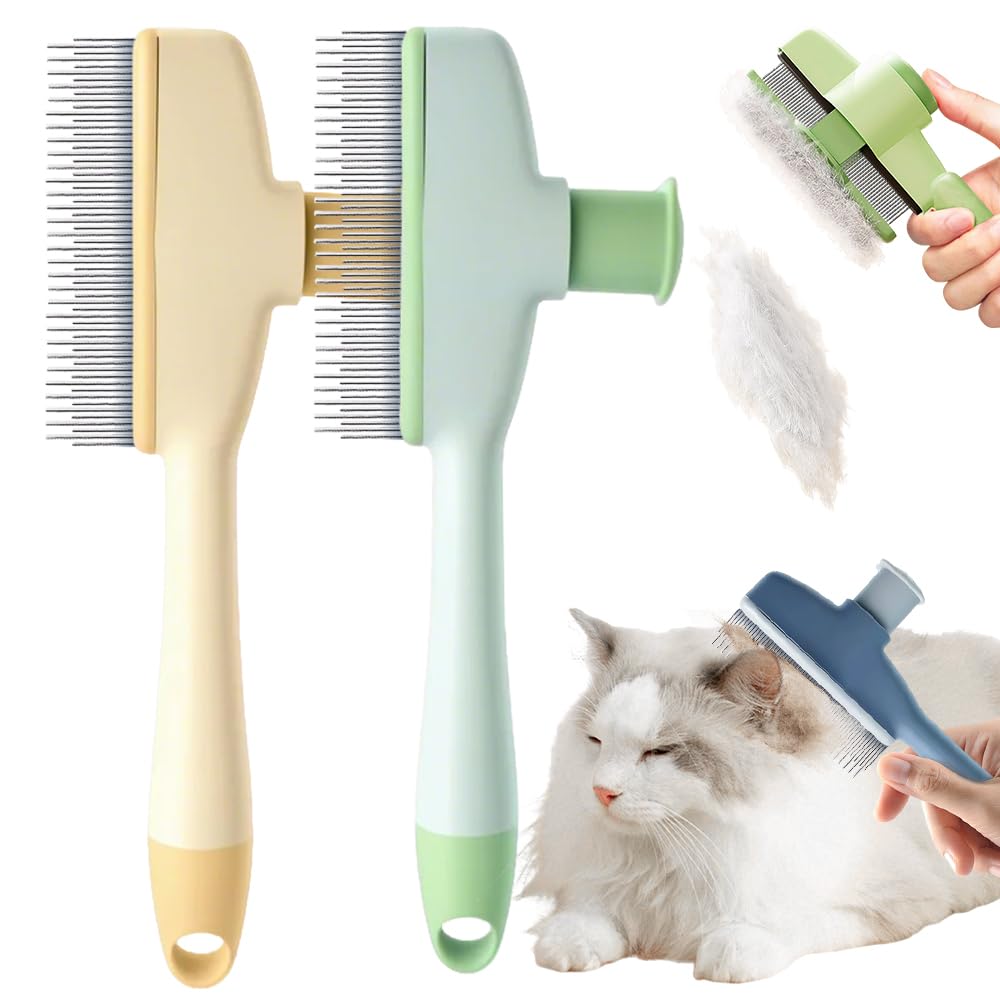 Flea Comb for Cats & Dogs, 2025 New Pet Hair Removal Comb with Release Button, Pet Grooming Brush Cat Dog Combs, Self-Cleaning Cat Brush for Short and Long Hair Cats (2 Pcs)