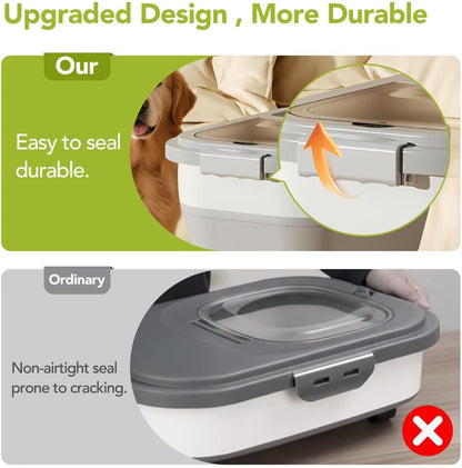 15 Lbs Dog/Cat Food Storage Container,Collapsible Food Storage Containers with Rolling Wheel Airtight Locking Lid,Pet Food Storage Container with Cup and Scoop,Grey