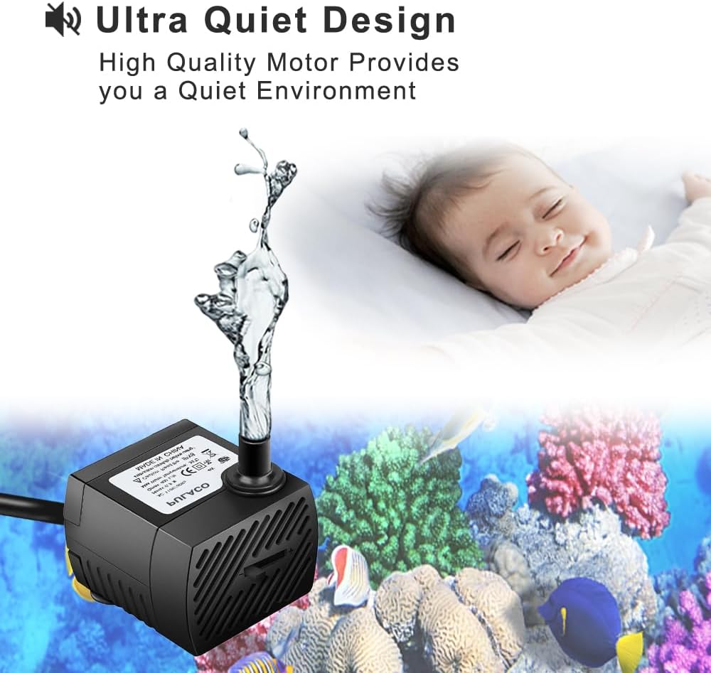 PULACO 95GPH 5W Mini Submersible Water Pump with 3.3 ft Tubing for Aquarium Fish Tank, Pond, Fountain, Hydroponics