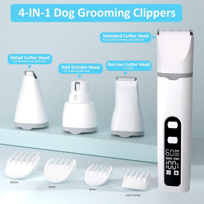 Dog Clippers for Grooming, 4 in 1 Dogs Paw Trimmer Pet Grooming Kit, Low Noise Dog Shavers with Nail Grinder Quiet, Rechargeable Cordless Electric Pets Clippers, 2-Speed Pet Hair Trimmer for Dogs Cat
