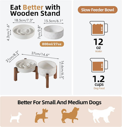 Ceramic 1.2 Cup Raised Slow Feeder Dog Bowl Set, Elevated 6.1inch Bowl and 7.3inch Dish with Acacia Wood Stand for Small and Medium Dog(2 x Reactived Glaze -White+ Stand)
