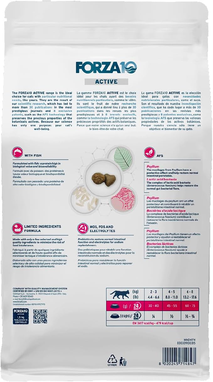 Forza10 - Cat Food, Limited Ingredient Cat Food for Sensitive Stomachs and Digestive Support, Non-GMO, Fish Flavor, Made in Italy (3.3 lb)