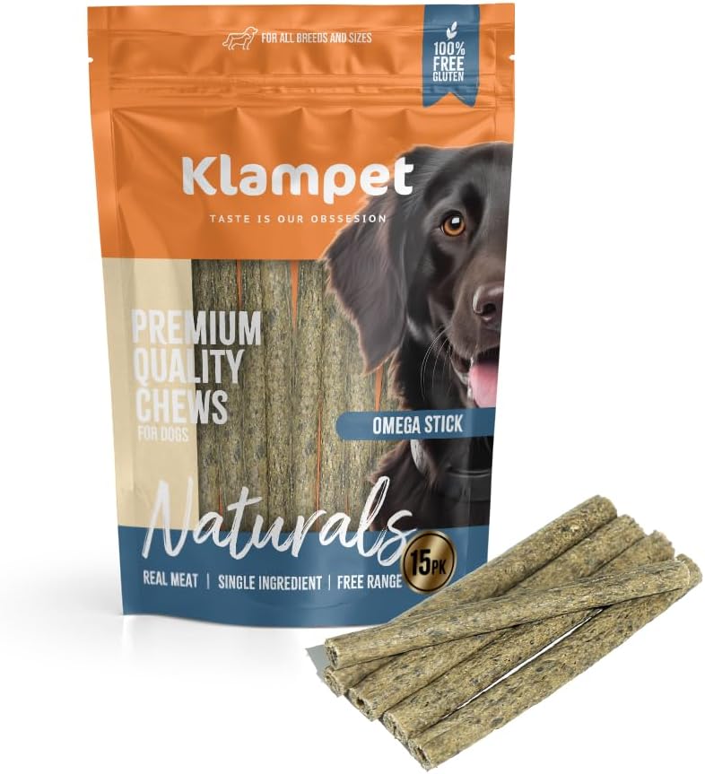 Omega Sticks for Dogs 15 Pack – Natural Collagen Dog Chews Wrapped in Wild-Caught Salmon Skin – High in Omega-3 & 6 – Joint, Skin & Coat Support – Grain-Free, Digestible Treats