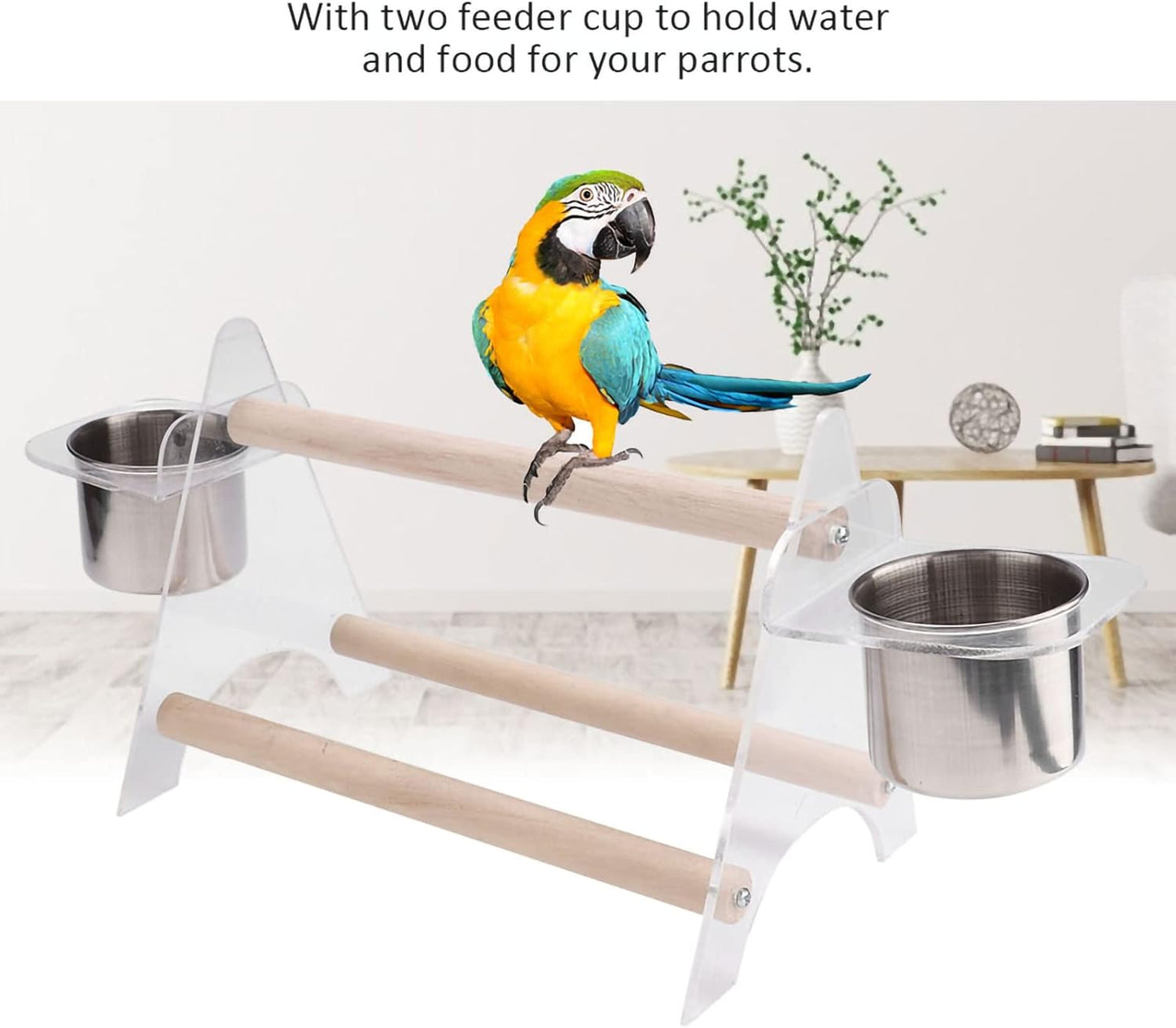 Multipurpose Pet Bird Parrot Stand Platform, Durable Wooden and Plastic Birdcage with Feeder, Non - Eco - Friendly Design for Small and Medium Birds, Includes Two Cups and Sc