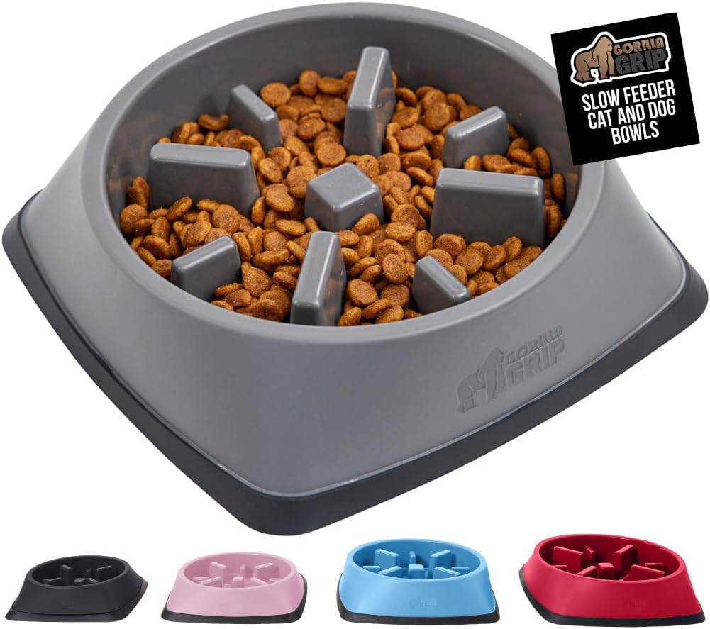 GORILLA GRIP Patent Pending Slow Feeder Dog Bowls, Interactive Puzzle Toy for Dogs and Cats Food Training, Keeps Pets Busy and Prevents Puppy Overeating, All Breeds, 100% BPA Free, 2 Cup, Gray