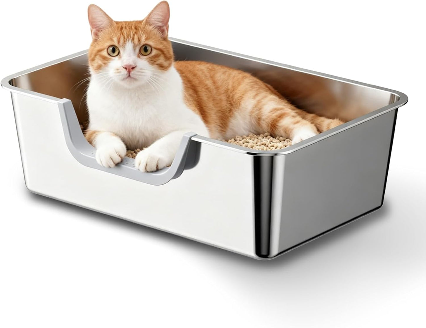Stainless Steel Litter Box with High Sides,23.6" L X 15.7" W X 7.8" H,Extra Large Jumbo Cat Litter Box,XL Kitty Metal Liter Box for Indoor Big Cat,Non-Sticky,Anti-Leakage(Entry on Long Side)