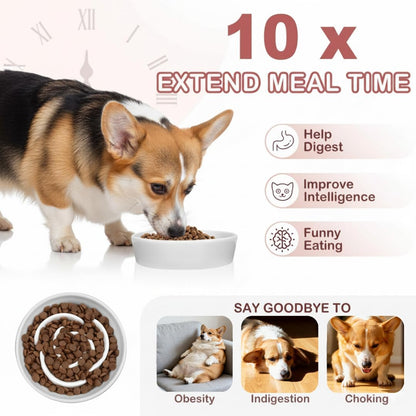 TRUVIC Ceramic Slow Feeder Dog Bowls, 1.5 Cup Puzzle Slow Feeder Bowls for Fast Eaters, Ceramic Dog Food Dish no Black Chin, Puzzle Bowl for Medium Dogs, White