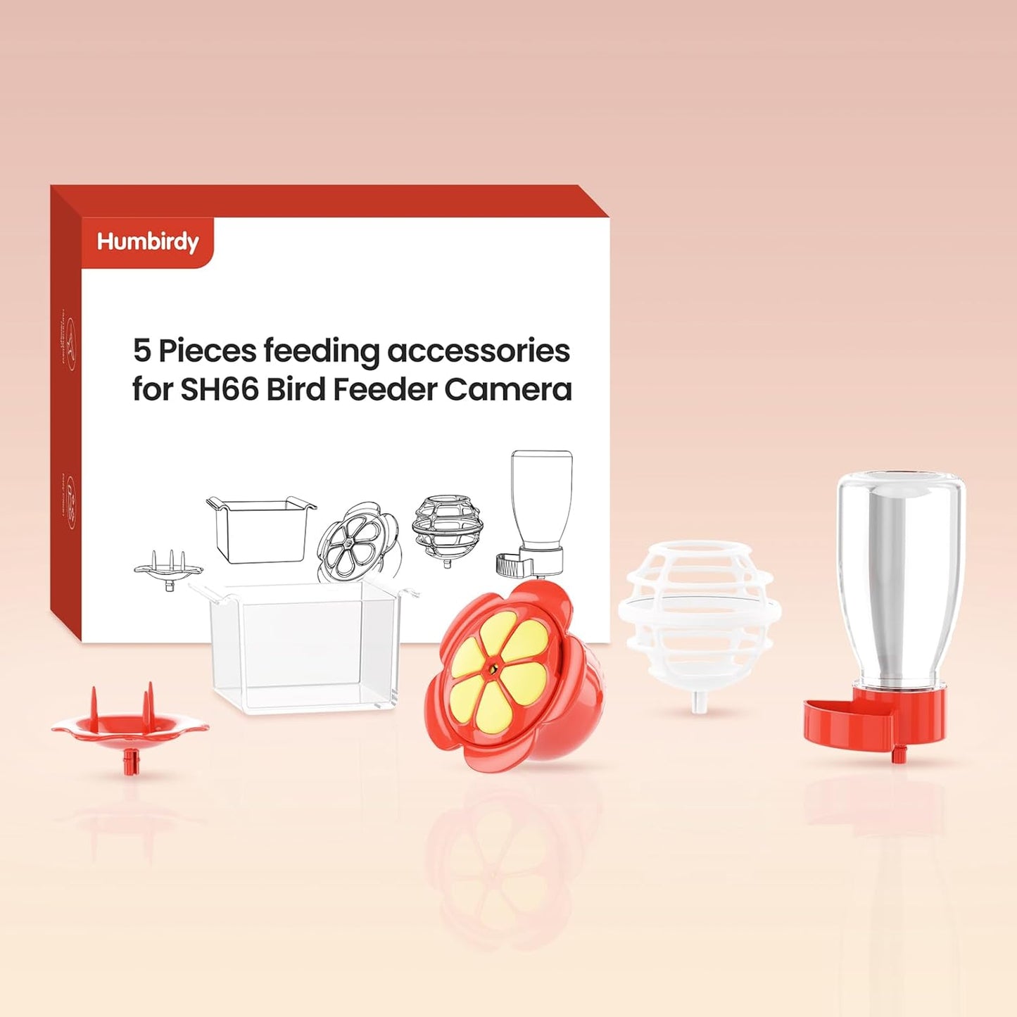 5-Piece Bird Feeder Set with Hummingbird Nectar Feeder, Fruit Fork, Water Bottle, Mealworm Container & Suet Ball Feeder - Squirrel-Proof Outdoor Feeding Accessories for Garden (Yard-Red)