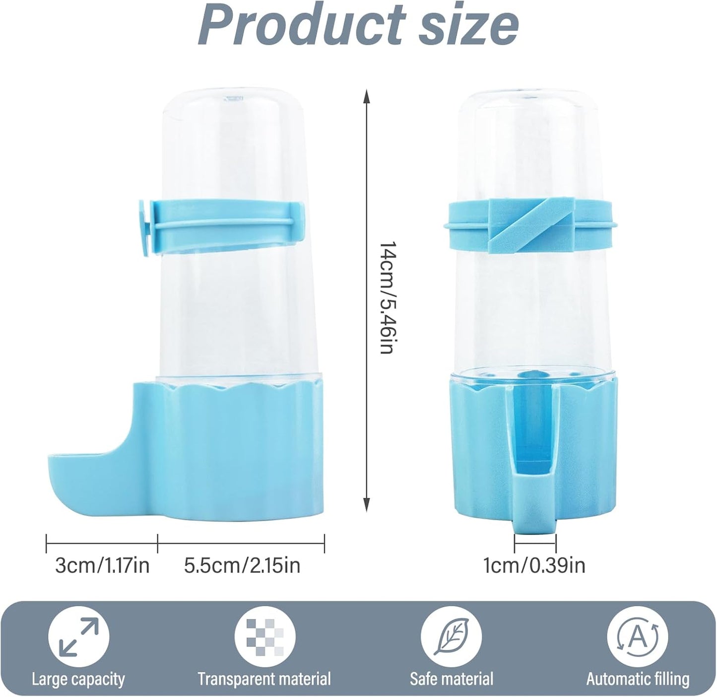 Small Animal Water Bottle No Drip, 8.29 Oz Transparent Auto-Add Food & Water Bottle for Hamster, Small Chicken, Parrot, Quail, Bird Water Dispenser for Wire or Acrylic Cage (Blue)